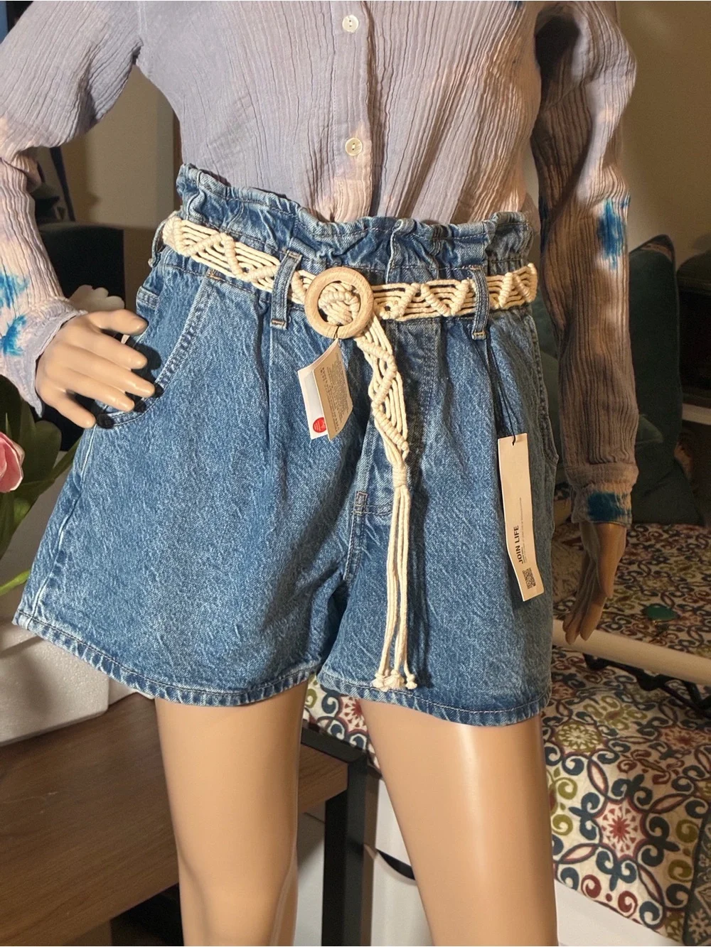 Zara BAGGY SHORT High Waisted Paperbag Denim Shorts with Macramé Belt